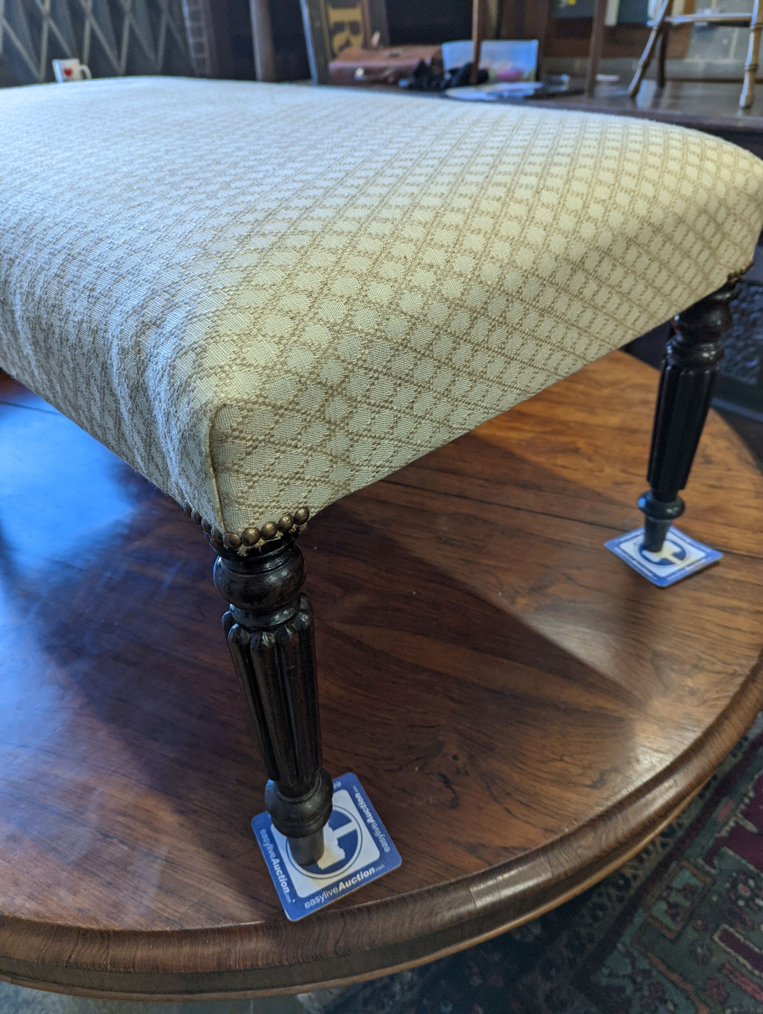 A Regency and later rectangular foot stool, upholstered in Colefax & Fowler Bertram fabric, length 103cm, depth 57cm, height 46cm